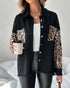 Sequin Decor Turn-down Collar Button Front Pockets Design Denim Coat Casual Fuzzy Spliced Raw Trim Shacket black