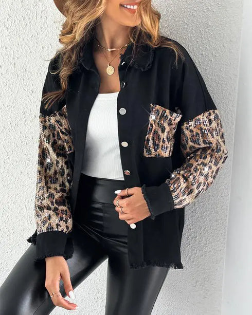 Casual Jacket Sequin Patchwork Long Sleeve Jacket Top Button Front Raw Hem Oversized Denim Shacket black