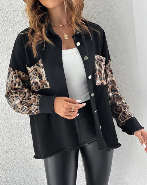 Casual Jacket Sequin Patchwork Long Sleeve Jacket Top Button Front Raw Hem Oversized Denim Shacket black