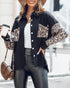 Contrast Sequin Turn-down Collar Long Sleeve Tassel Design Fuzzy Shacket with Pocket black