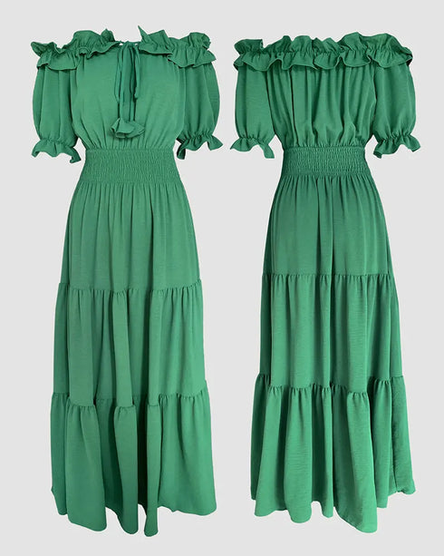 Off Shoulder Short Sleeve Frill Hem Lace Up Dress Casual Strechy Waist Flared Maxi Dress green