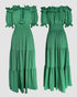 Off Shoulder Short Sleeve Frill Hem Lace Up Dress Casual Strechy Waist Flared Maxi Dress green