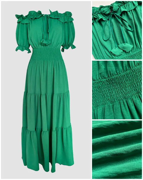 Off Shoulder Short Sleeve Frill Hem Lace Up Dress Casual Strechy Waist Flared Maxi Dress green