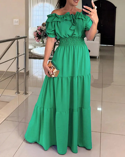 Off Shoulder Short Sleeve Frill Hem Lace Up Dress Casual Strechy Waist Flared Maxi Dress green