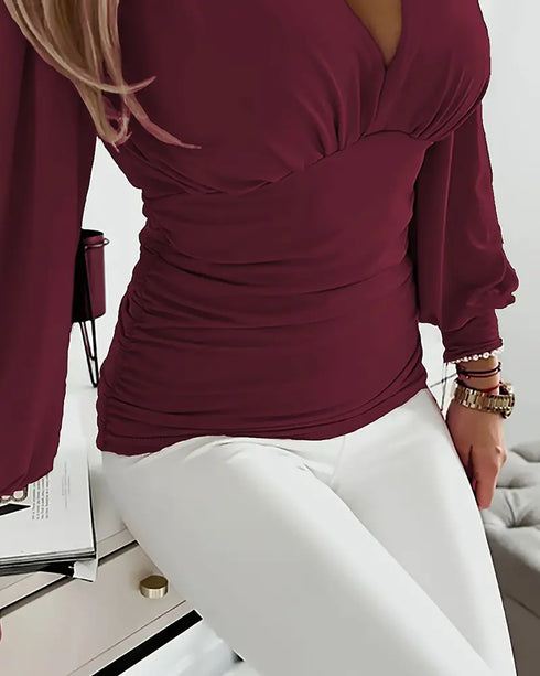Deep V-Neck Lantern Sleeve Ruched Blouse Casual Slim Fit Top Wine red