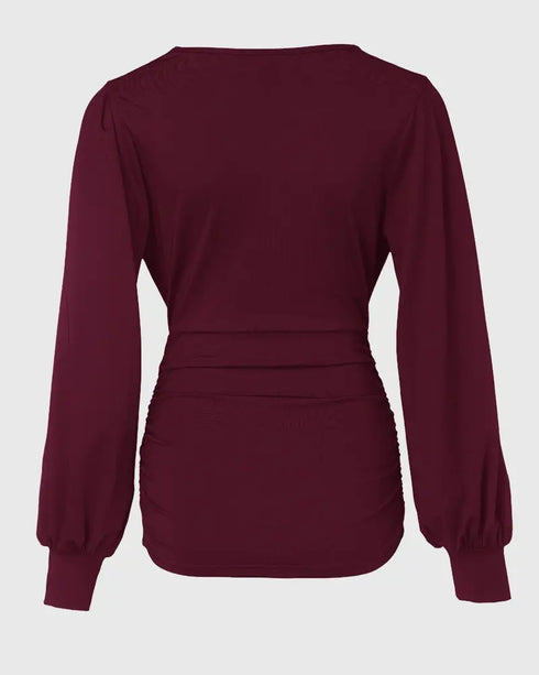 Deep V-Neck Lantern Sleeve Ruched Blouse Casual Slim Fit Top Wine red
