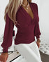 Deep V-Neck Lantern Sleeve Ruched Blouse Casual Slim Fit Top Wine red