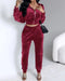 2 Piece Velvet Lounge Outfits Zip Up Crop Sweatshirt and Cuffed Sweatpants with Pockets Wine red