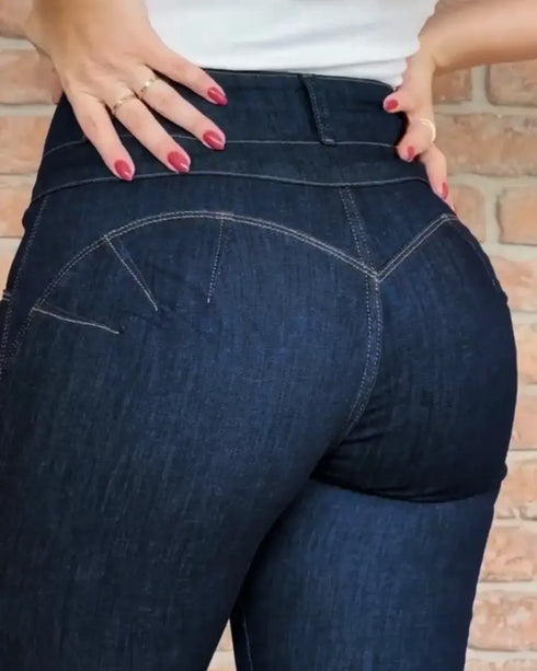 Front Button Zipper Fly High Waist Butt Lifting Skinny Denim Jeans Casual Pants dark blue