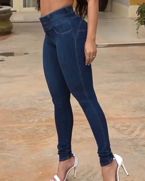 Front Button Zipper Fly High Waist Butt Lifting Skinny Denim Jeans Casual Pants dark blue