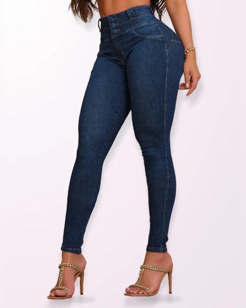 Front Button Zipper Fly High Waist Butt Lifting Skinny Denim Jeans Casual Pants dark blue