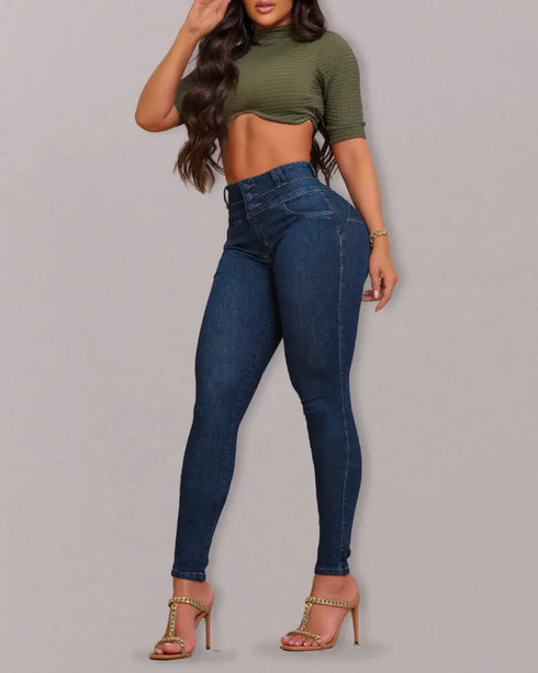Front Button Zipper Fly High Waist Butt Lifting Skinny Denim Jeans Casual Pants dark blue