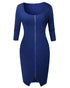 Square Neck Half Sleeves Bodycon Dress Full Front Zip Split Midi Dress blue