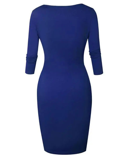 Square Neck Half Sleeves Bodycon Dress Full Front Zip Split Midi Dress blue