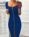 Square Neck Half Sleeves Bodycon Dress Full Front Zip Split Midi Dress blue