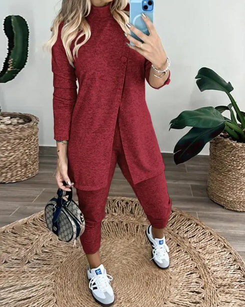 2 Piece Sequin Heart Pattern Mock Neck Long Sleeve Slit Top Leopard Print High Waist Cuffed Pants Lounge Sets Wine red