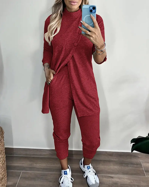 2 Piece Sequin Heart Pattern Mock Neck Long Sleeve Slit Top Leopard Print High Waist Cuffed Pants Lounge Sets Wine red