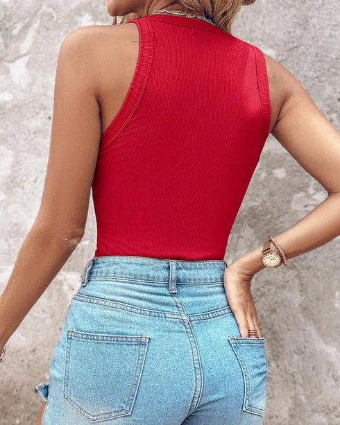 O-Neck Sleeveless Basic Slim Fit Skinny Tank Casual Top(Without Pads) red