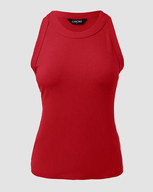 O-Neck Sleeveless Basic Slim Fit Skinny Tank Casual Top(Without Pads) red