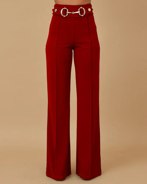 Metal Button Decor High Waist Casual Straight Leg Work Pants red