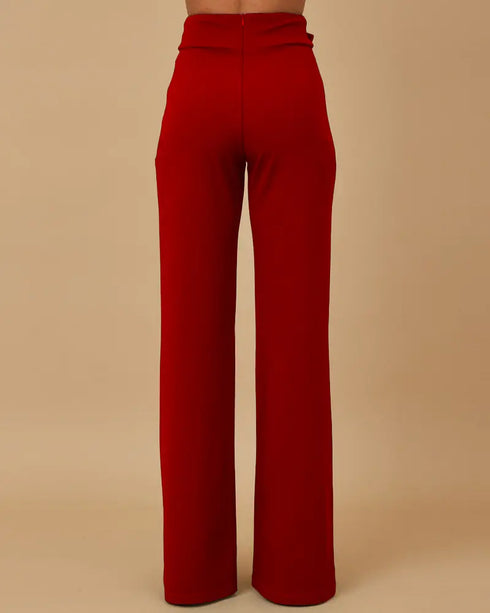 Metal Button Decor High Waist Casual Straight Leg Work Pants red