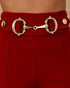 Metal Button Decor High Waist Casual Straight Leg Work Pants red