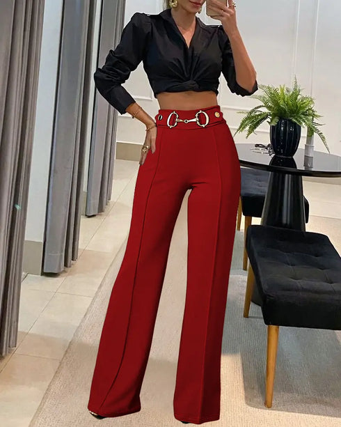 Metal Button Decor High Waist Casual Straight Leg Work Pants red
