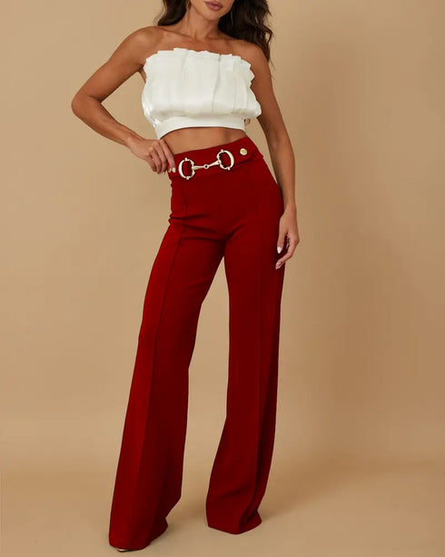 Metal Button Decor High Waist Casual Straight Leg Work Pants red
