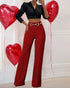 Metal Button Decor High Waist Casual Straight Leg Work Pants red