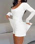 Square Neck Long Sleeve Ruched Slit Romper Casual Cinched Waist Zipper Back Faux Two-Piece Skort Romper white