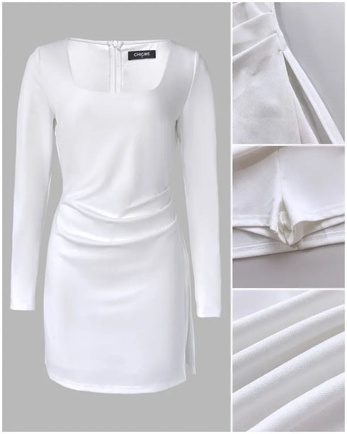 Square Neck Three Quarters Metal Decor Ruched Overalls Zipper Back Wrap Front Slim Fit Romper white