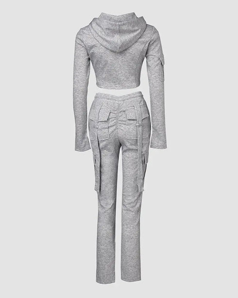 Zipper Design Crop Hoodie & Drawstring V-cut Waistline Cargo Joggers Sweatpants Set gray