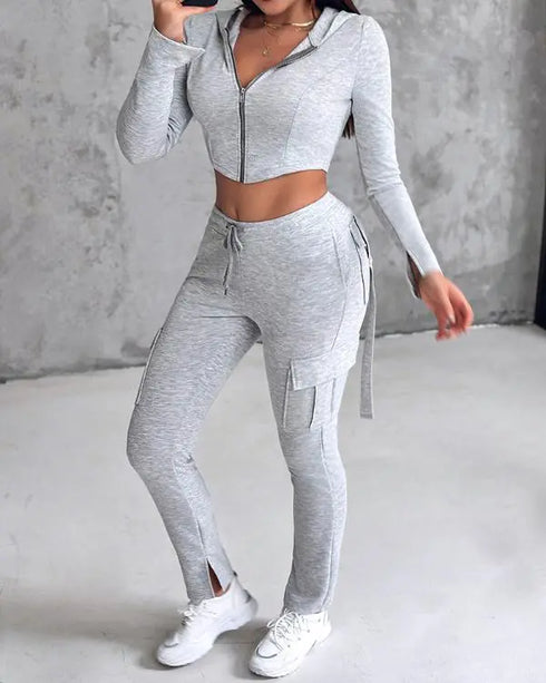 Zipper Design Crop Hoodie & Drawstring V-cut Waistline Cargo Joggers Sweatpants Set gray