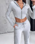Zipper Design Crop Hoodie & Drawstring V-cut Waistline Cargo Joggers Sweatpants Set gray