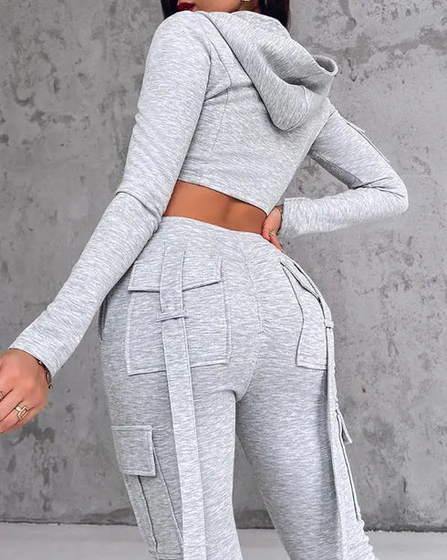 Zipper Design Crop Hoodie & Drawstring V-cut Waistline Cargo Joggers Sweatpants Set gray