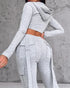 Zipper Design Crop Hoodie & Drawstring V-cut Waistline Cargo Joggers Sweatpants Set gray