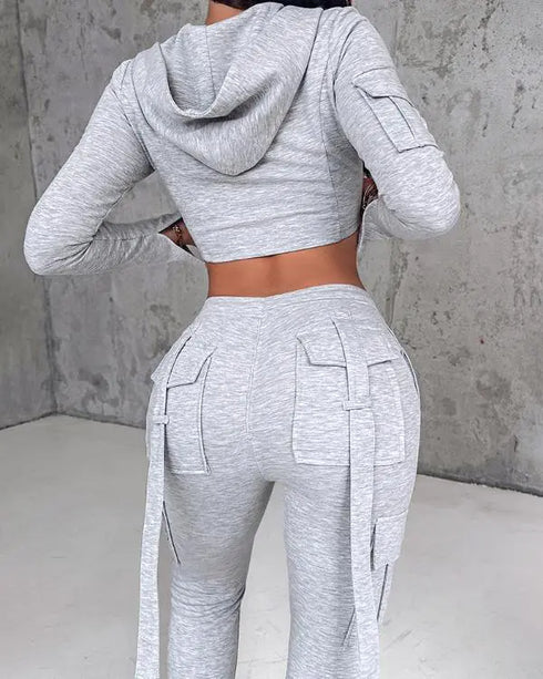 Zipper Design Crop Hoodie & Drawstring V-cut Waistline Cargo Joggers Sweatpants Set gray