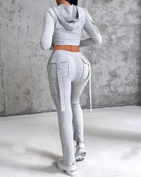 Zipper Design Crop Hoodie & Drawstring V-cut Waistline Cargo Joggers Sweatpants Set gray