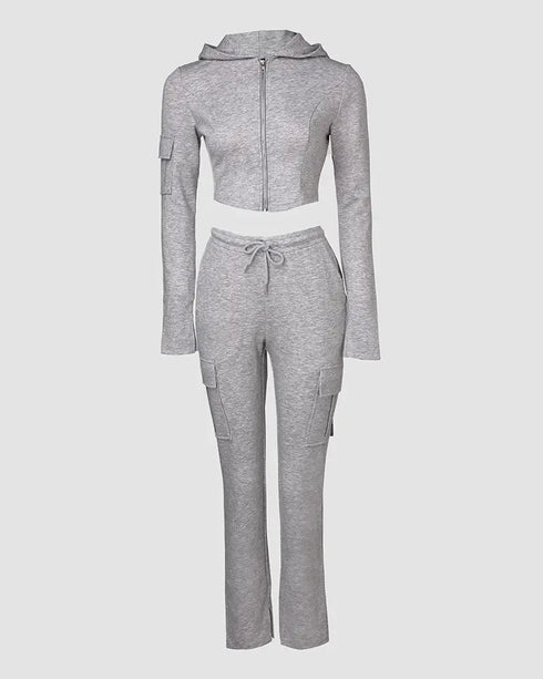 Zipper Design Crop Hoodie & Drawstring V-cut Waistline Cargo Joggers Sweatpants Set gray
