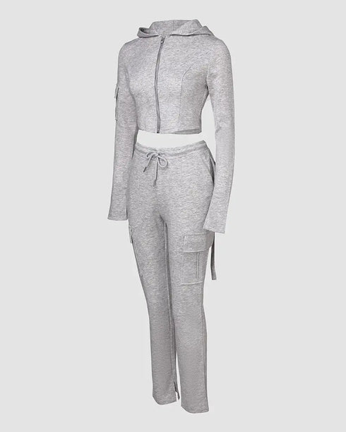 Zipper Design Crop Hoodie & Drawstring V-cut Waistline Cargo Joggers Sweatpants Set gray