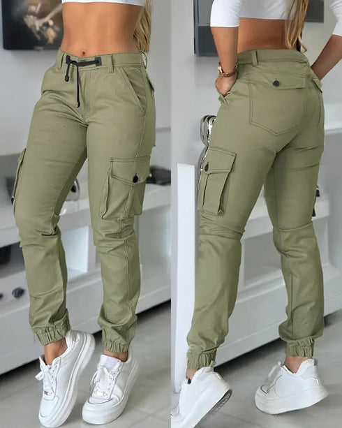 Multiple Pockets Design Cuffed Cargo Pants Slim Fit Trousers Army green