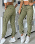 Multiple Pockets Design Cuffed Cargo Pants Slim Fit Trousers Army green
