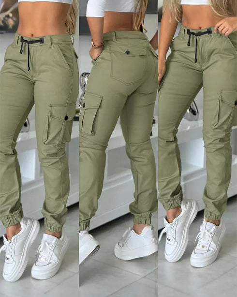 Multiple Pockets Design Cuffed Cargo Pants Slim Fit Trousers Army green