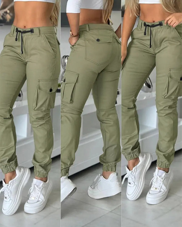 Multiple Pockets Design Cuffed Cargo Pants Slim Fit Trousers Army green