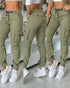 Multiple Pockets Design Cuffed Cargo Pants Slim Fit Trousers Army green