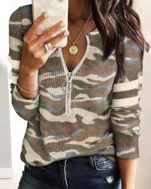 Striped Print Zipper Front Long Sleeve Top Waffle Knit Loose Fitting Tunic Tops camoflage