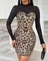 Foldover Ruched Off Shoulder Tassel Hem Bodycon Dress Long Sleeve Asymmetrical Hem Party Dress Leopard