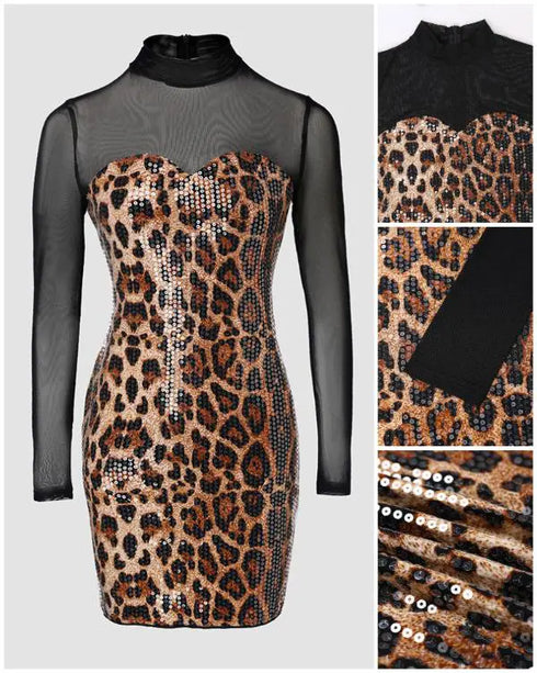 Foldover Ruched Off Shoulder Tassel Hem Bodycon Dress Long Sleeve Asymmetrical Hem Party Dress Leopard