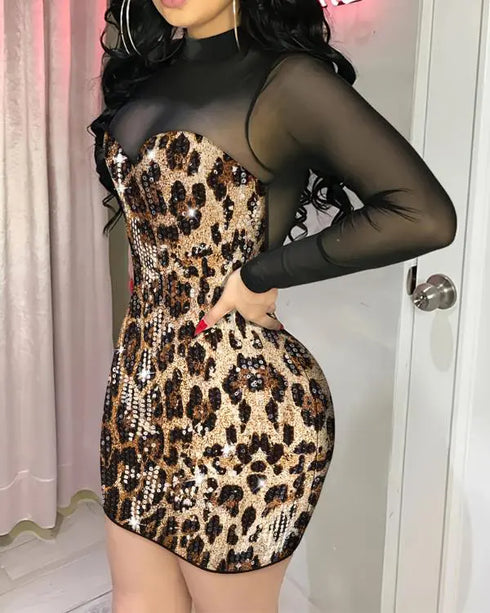 Glitter Long Sleeve Mock Neck Sheer Mesh Patch Bodycon Dress Night Out Party Mini Dress Leopard