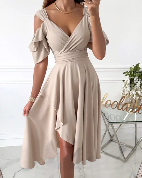 Cutout Ruched Ruffle Hem Asymmetrical Party Dress Apricot